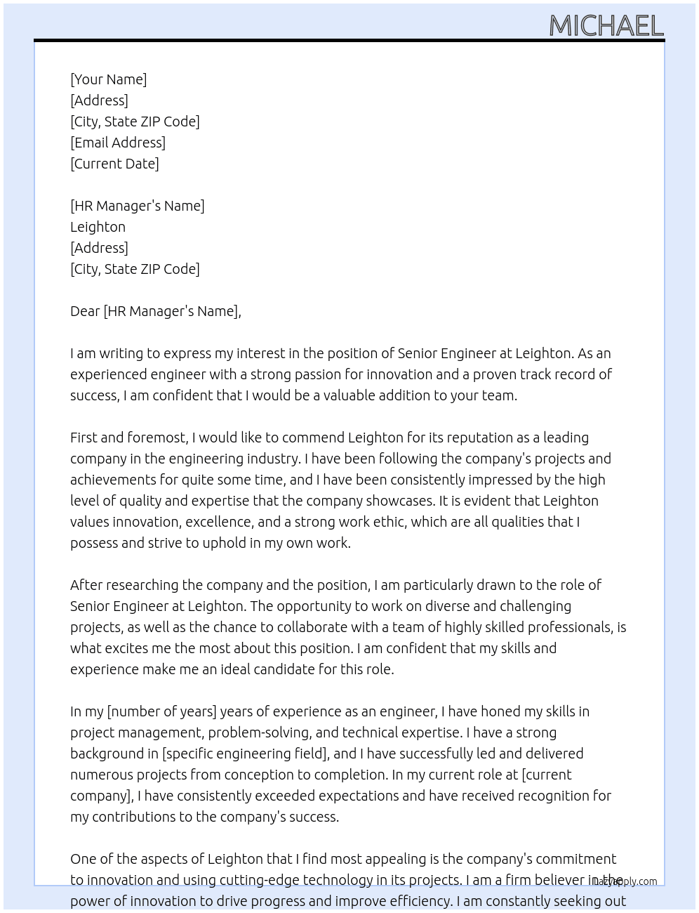 Senior Engineer At Leighton Cover Letter