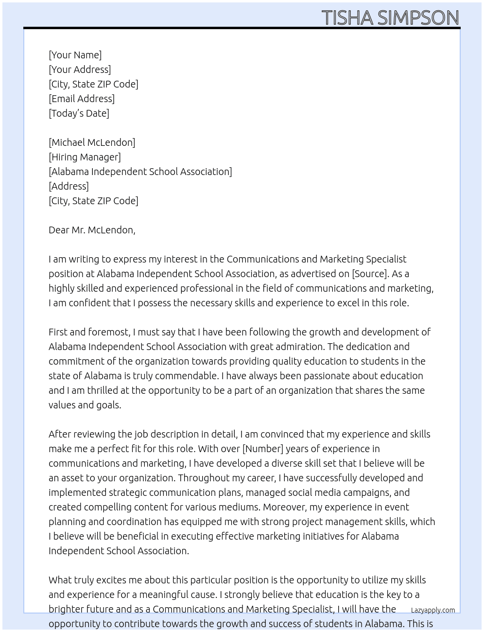 Communications and Marketing Specialist At Alabama Independent School Association Cover Letter