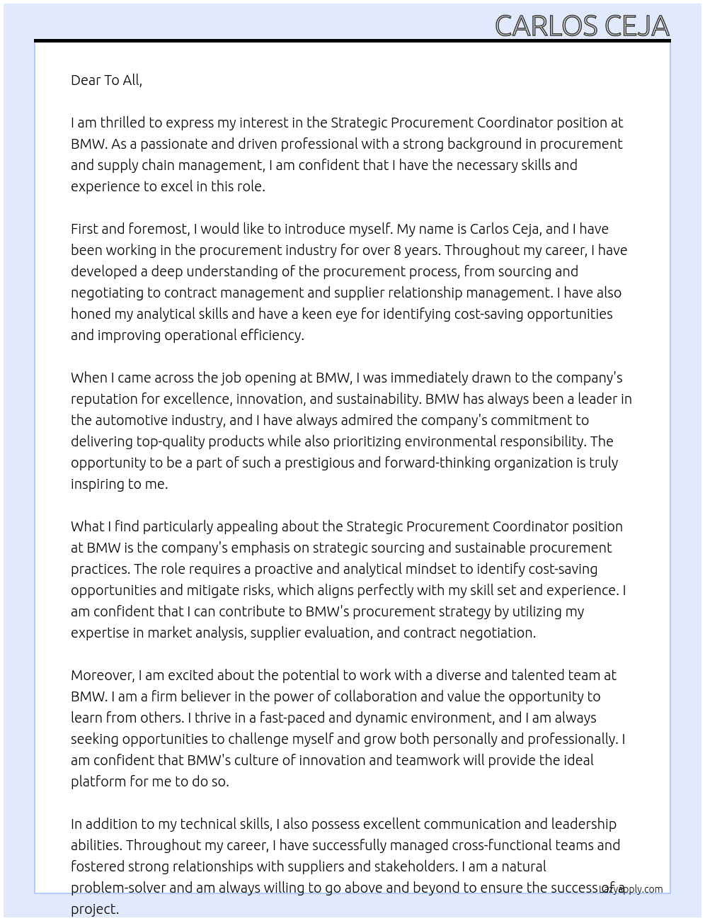 Cover letter for strategic procurement coordinator - LazyApply
