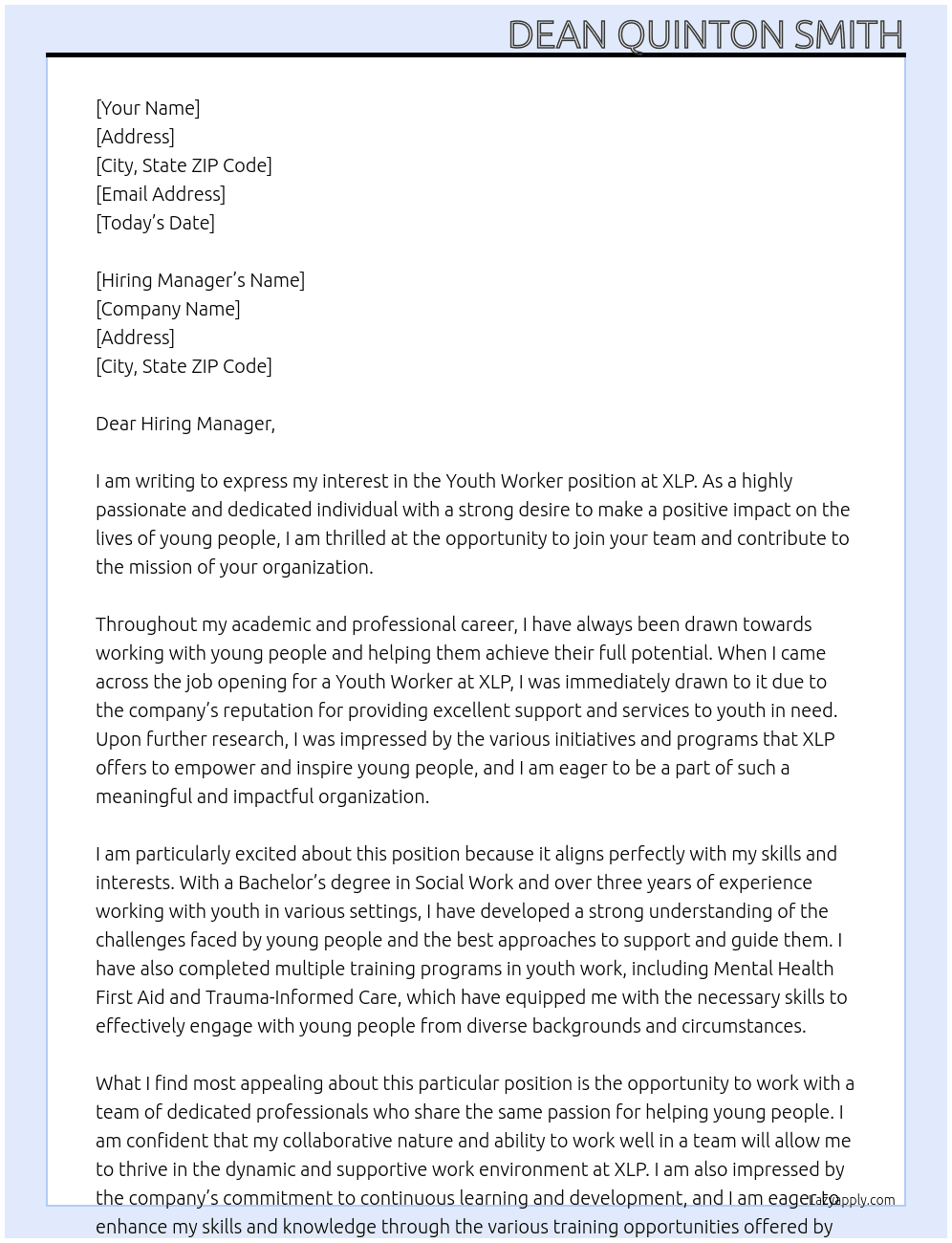 youth worker At XLP Cover Letter