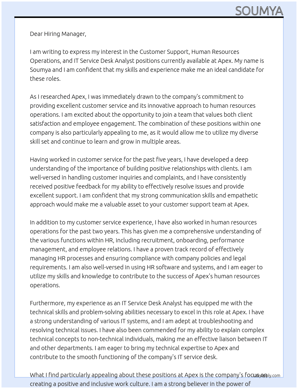 Customer Support, Human resources operations, IT service desk analyst At Apex Cover Letter