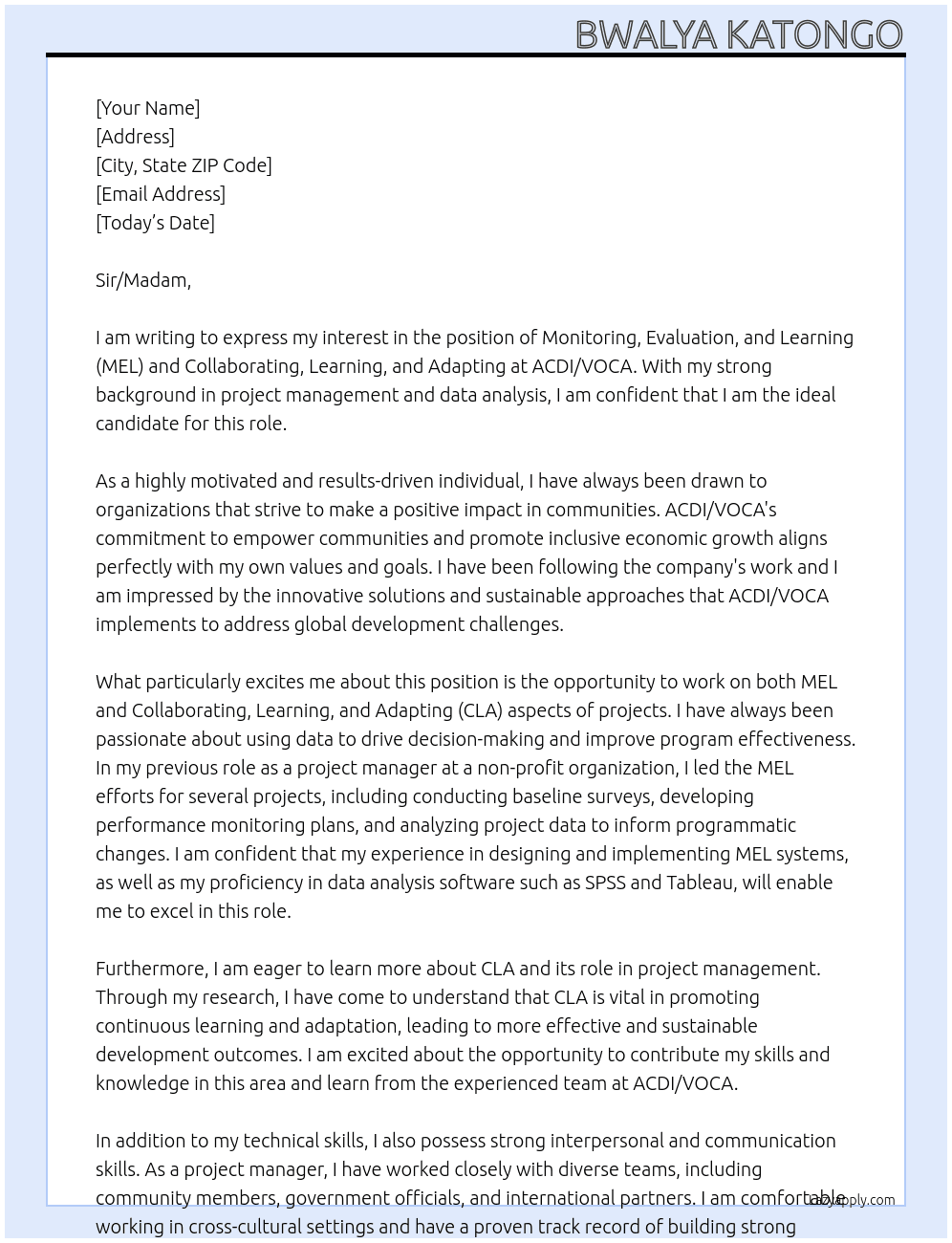 Monitoring, Evaluation, and Learning (MEL) and Collaborating, Learning, and Adapting At  ACDI/VOCA Cover Letter