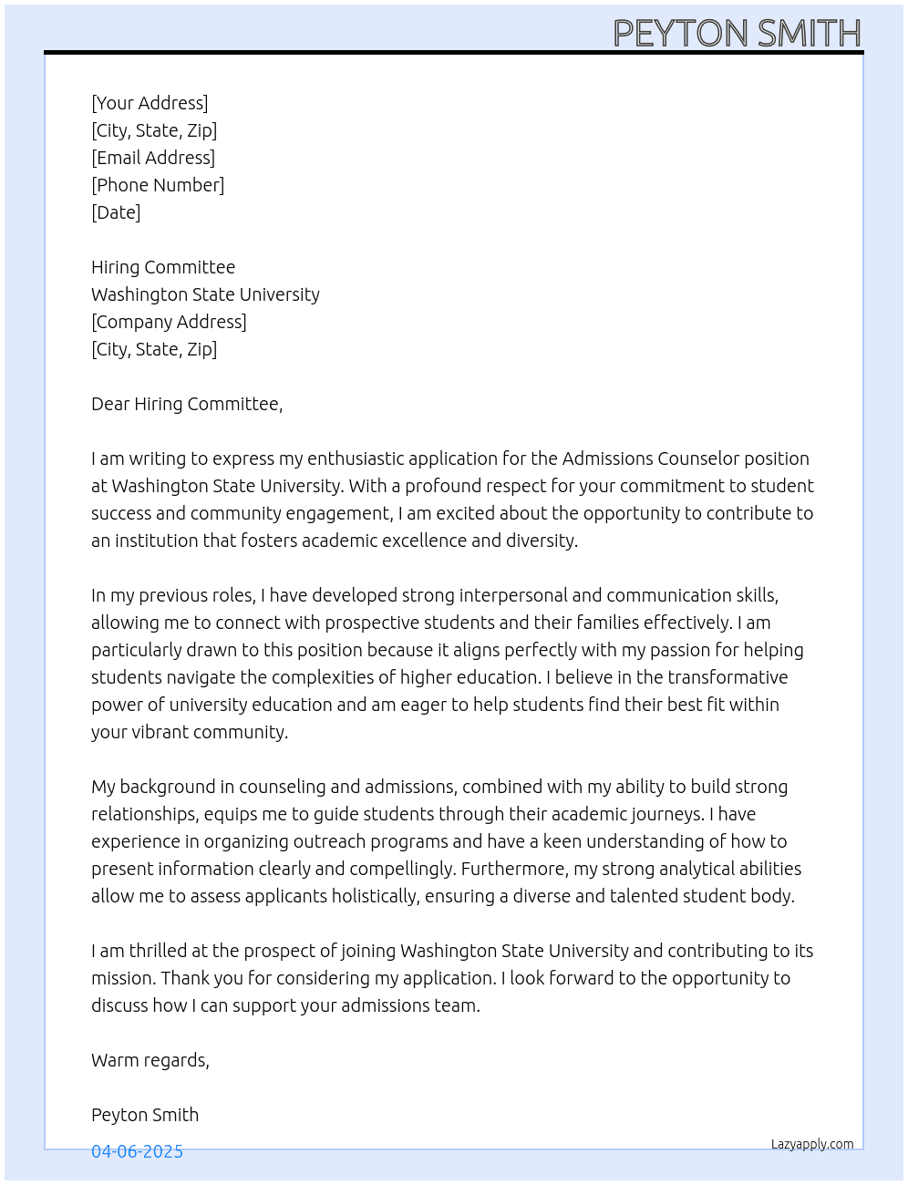 Cover letter for admissions counselor - LazyApply