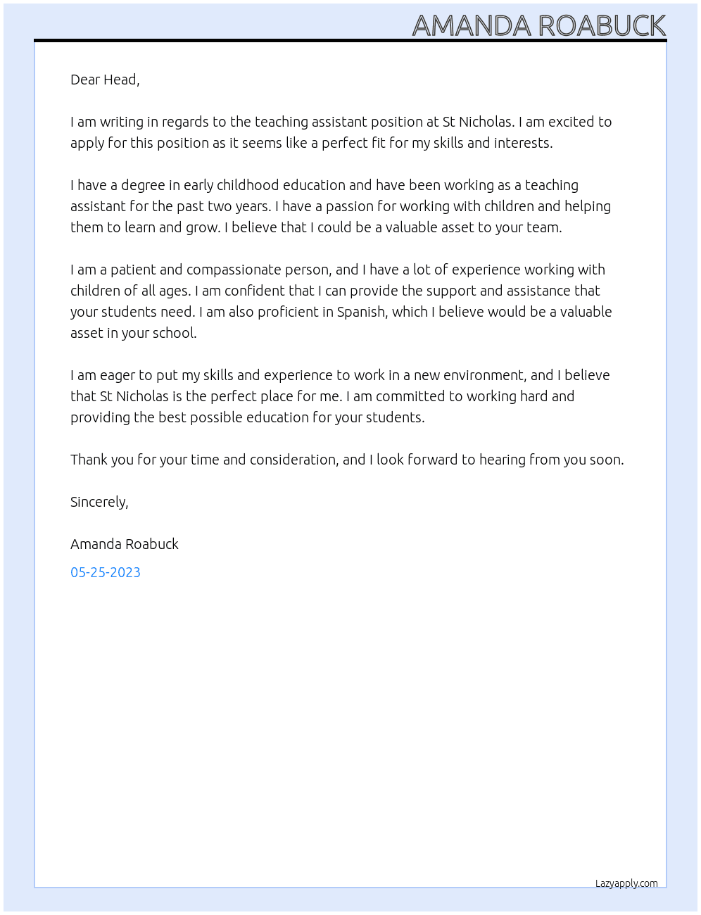 Teaching assistant At St Nicholas  Cover Letter