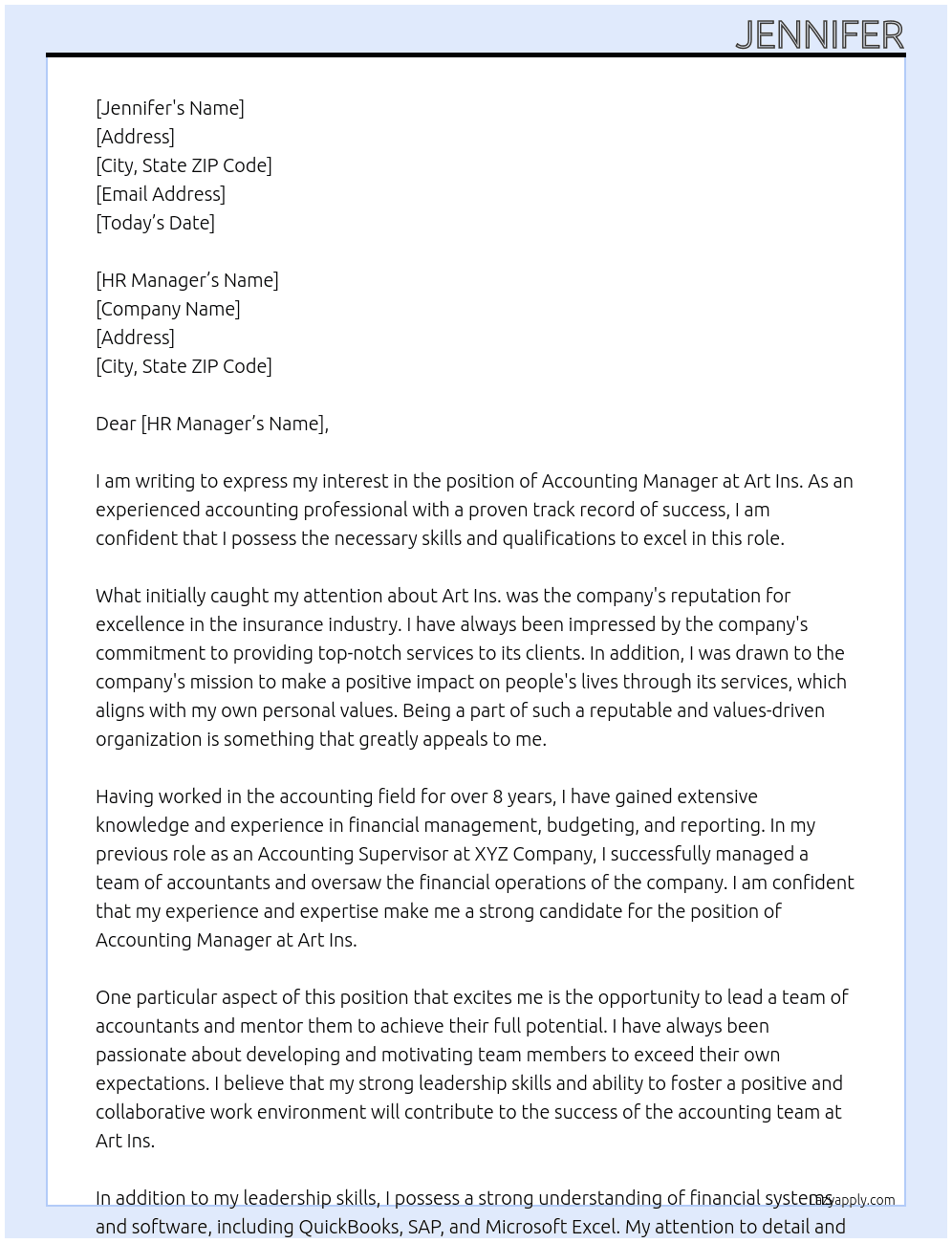 accounting manager At art ins. Cover Letter
