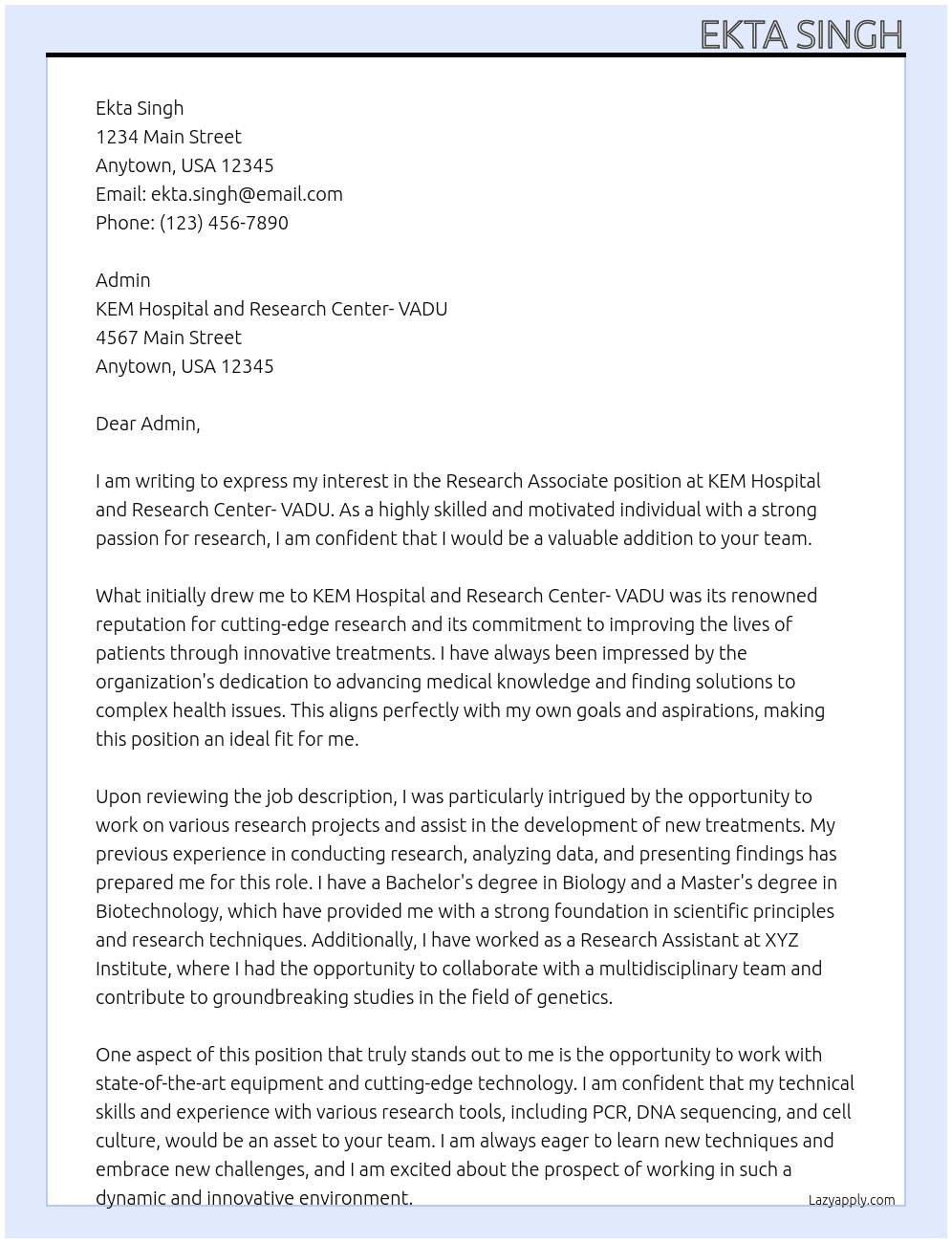 Research Associate  At KEM Hospital and Research Center- VADU Cover Letter