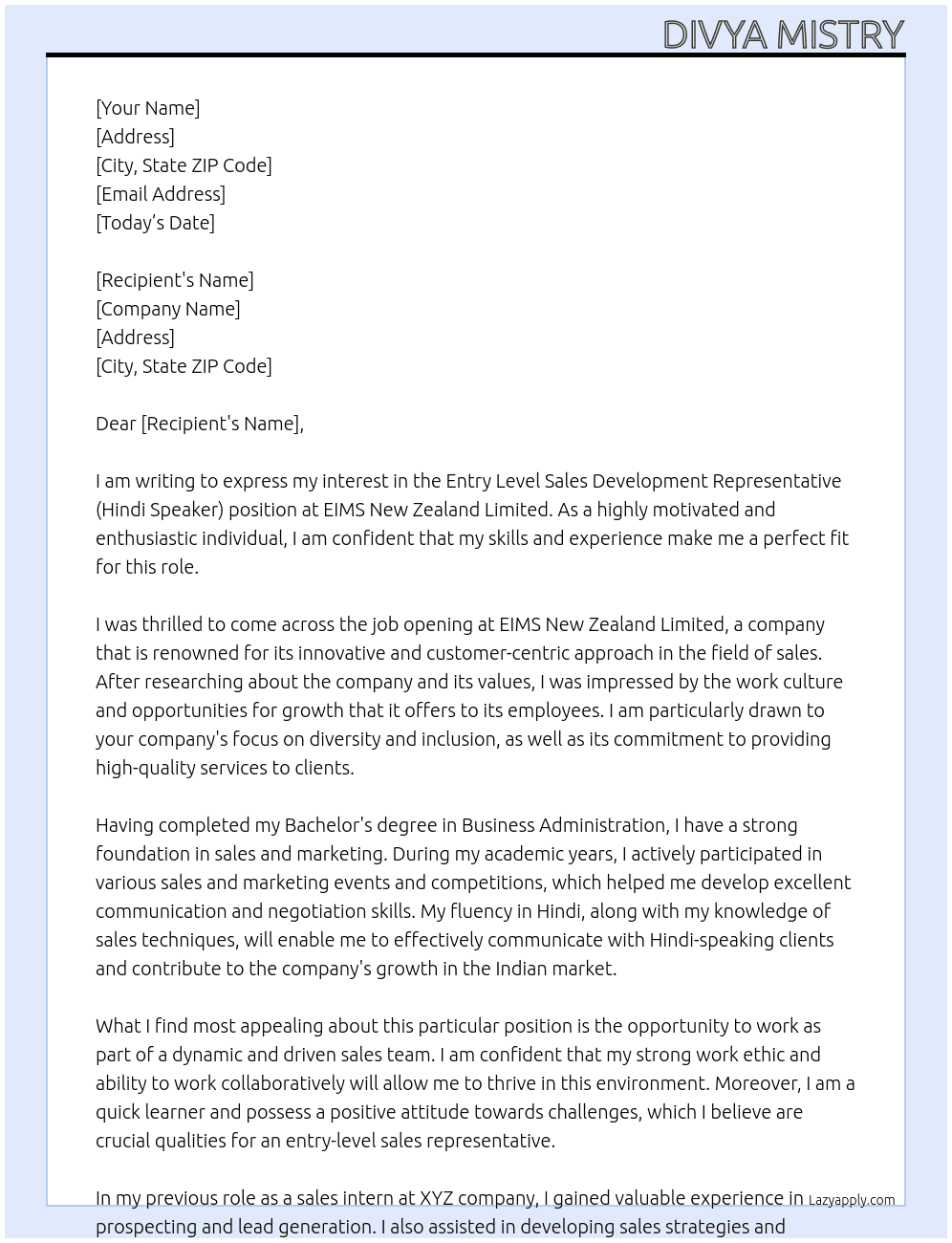 Entry Level Sales Development Representative (Hindi Speaker) At EIMS New Zealand Limited Cover Letter