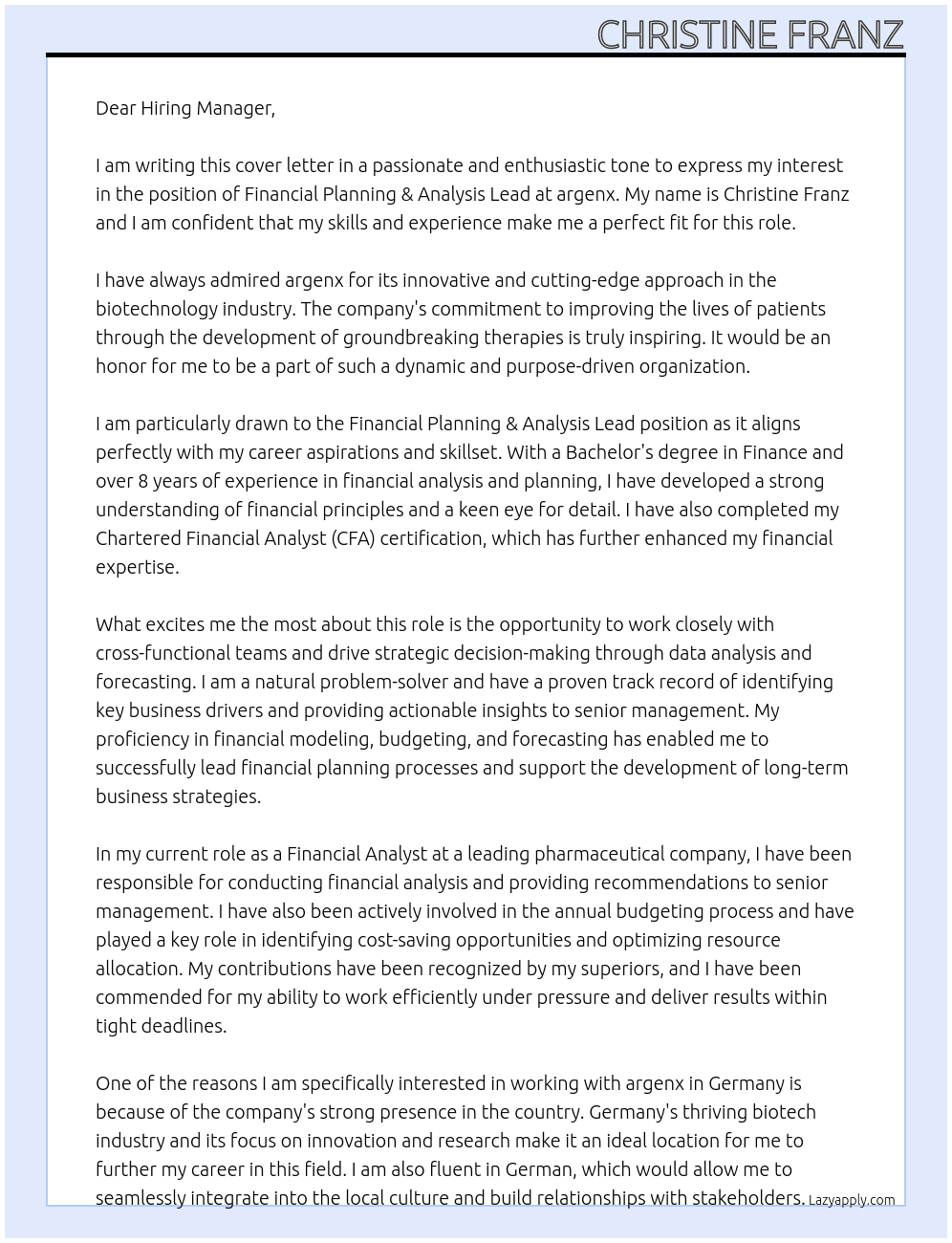 Financial Planning & Analysis Lead At argenx Cover Letter