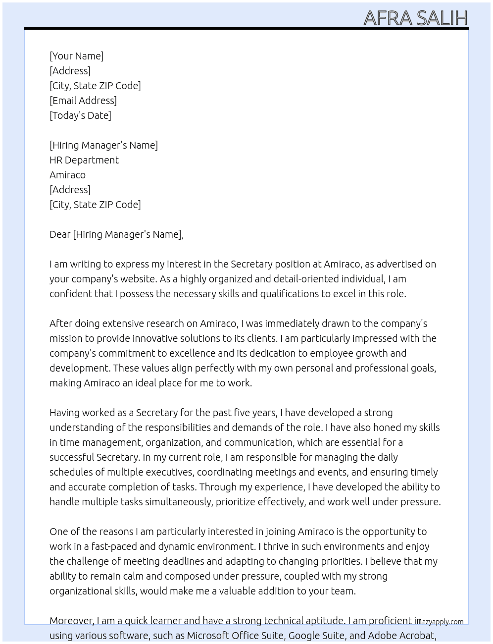 Secretary  At Amiraco  Cover Letter