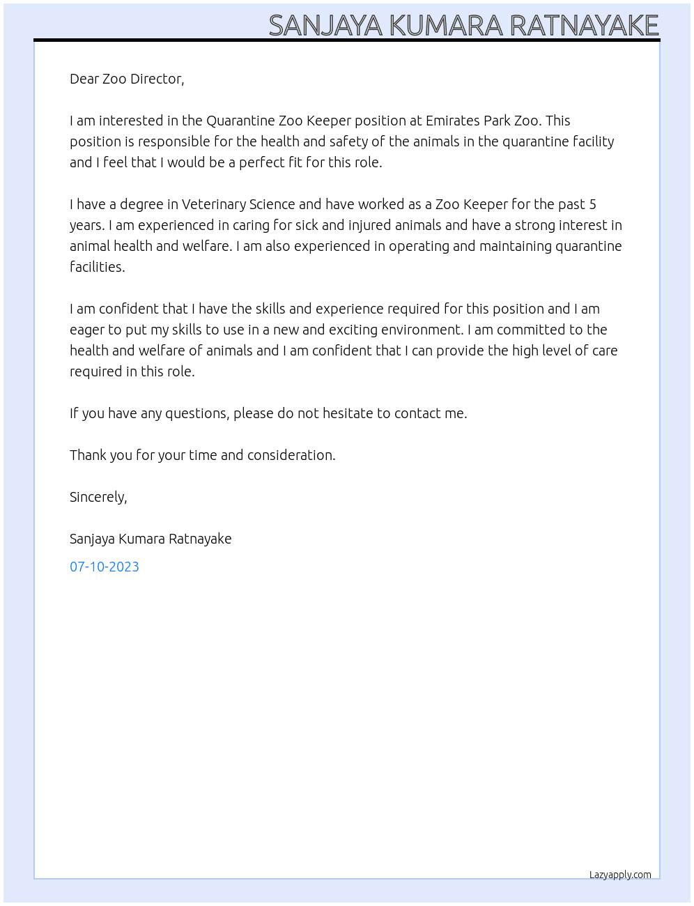 Quarantine zoo keeper At zoo director,Emirates park zoo Cover Letter