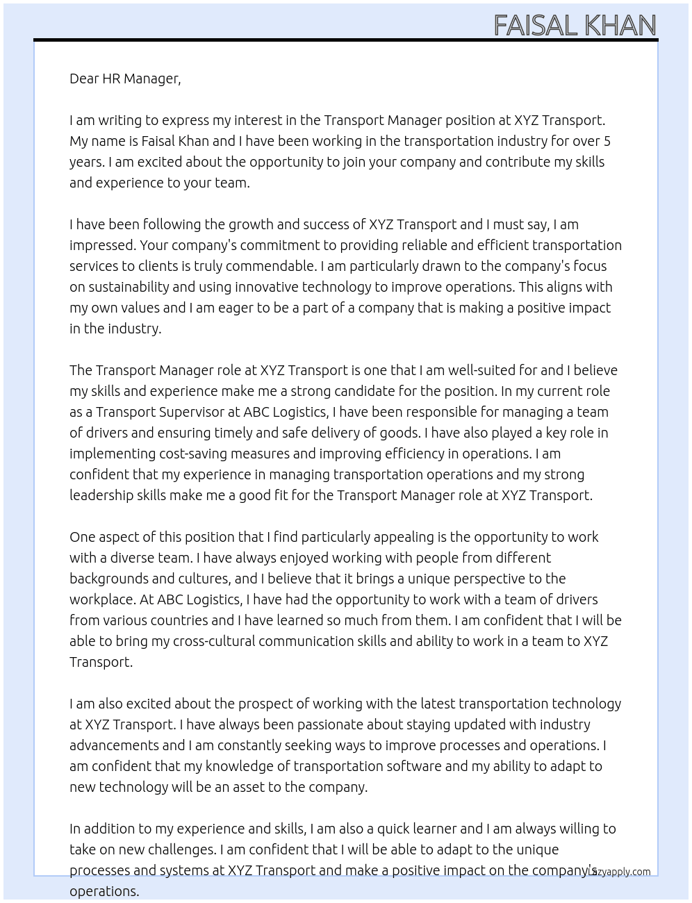 TRANSPORT MANAGER At XYZ TRANSPOERT Cover Letter