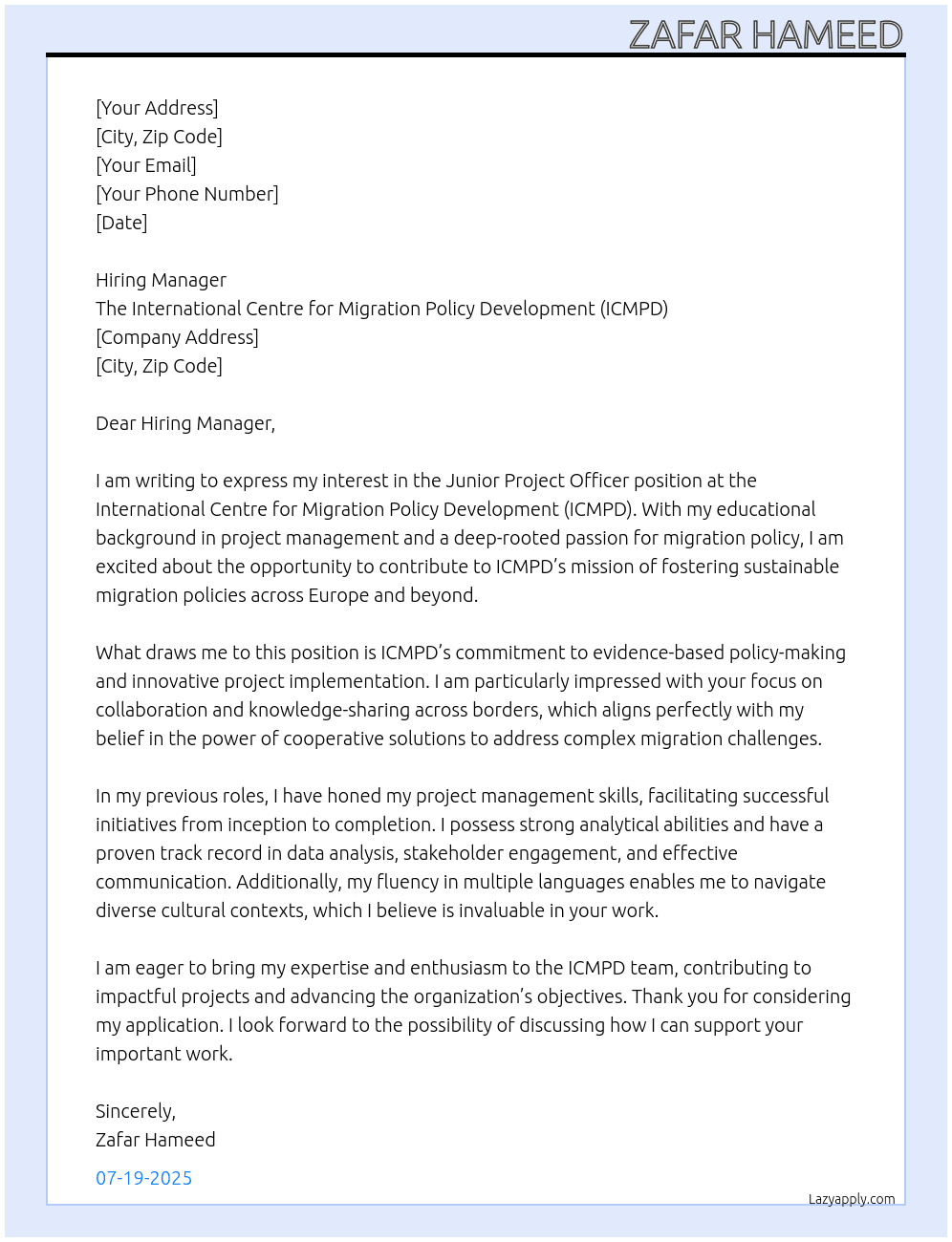 Cover letter for junior project officer - LazyApply