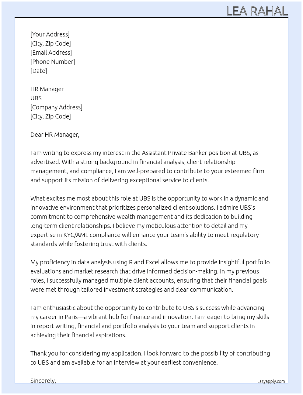 Assistant Private Banker At UBS Cover Letter
