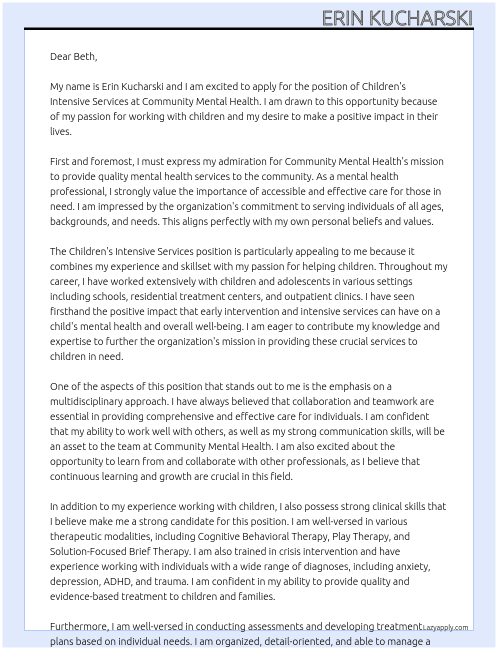Children's intensive services At Community Mental Health Cover Letter
