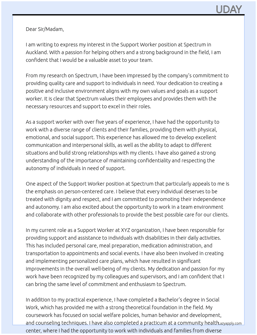 Support worker  At Spectrum  Cover Letter