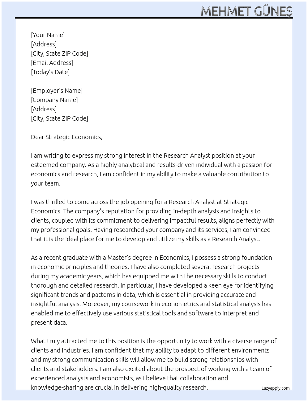 Research Analyst At Strategic Economics Cover Letter