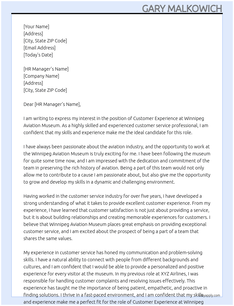 Customers Experience At Winnipeg Aviation Museum Cover Letter