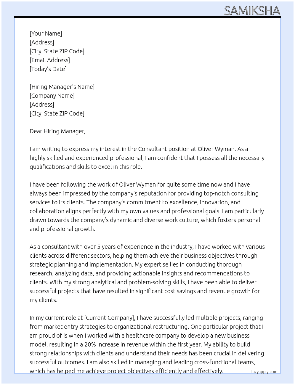Consultant At Oliver Wynman Cover Letter