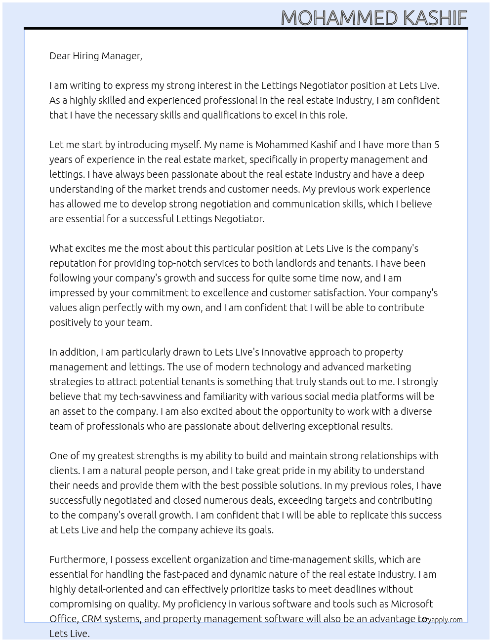 Lettings negotiar At Lets Live Cover Letter