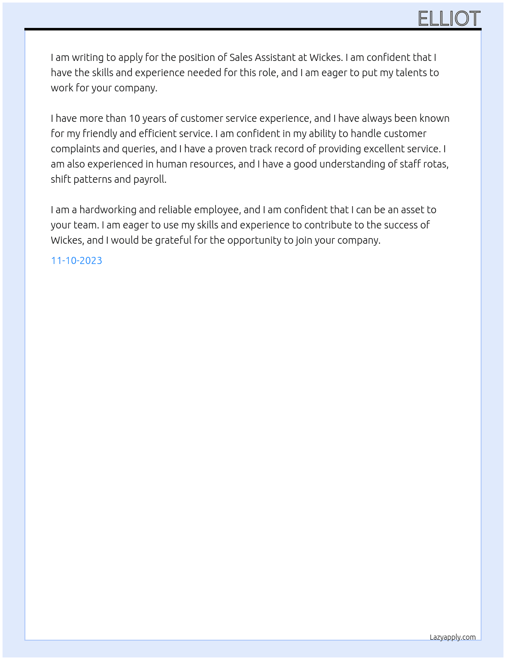 Sales assisant At Wickes Cover Letter