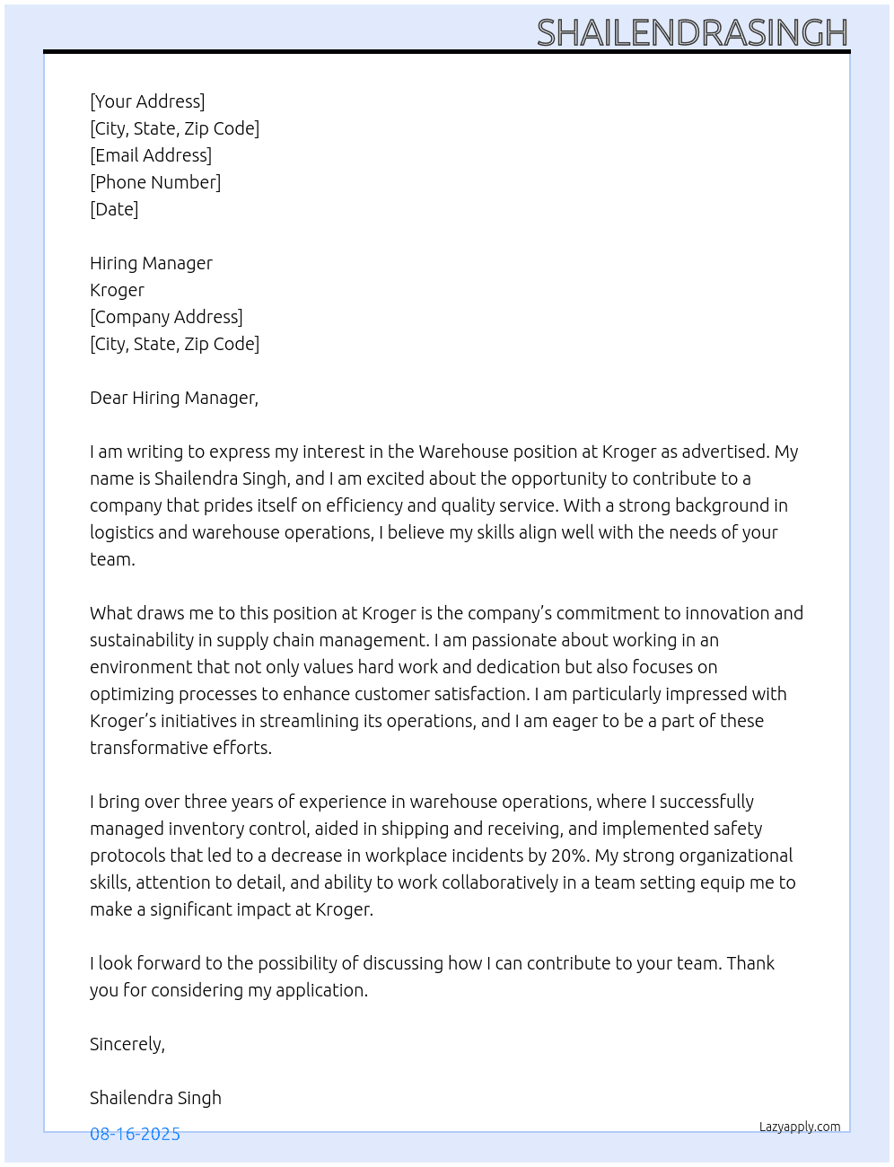 Wearhouse At Kroger Cover Letter