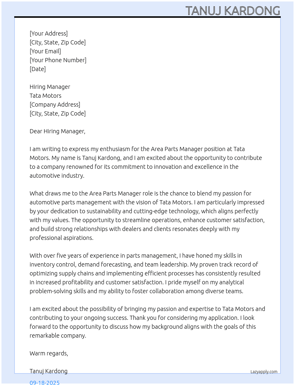 Cover letter for area parts manager - LazyApply