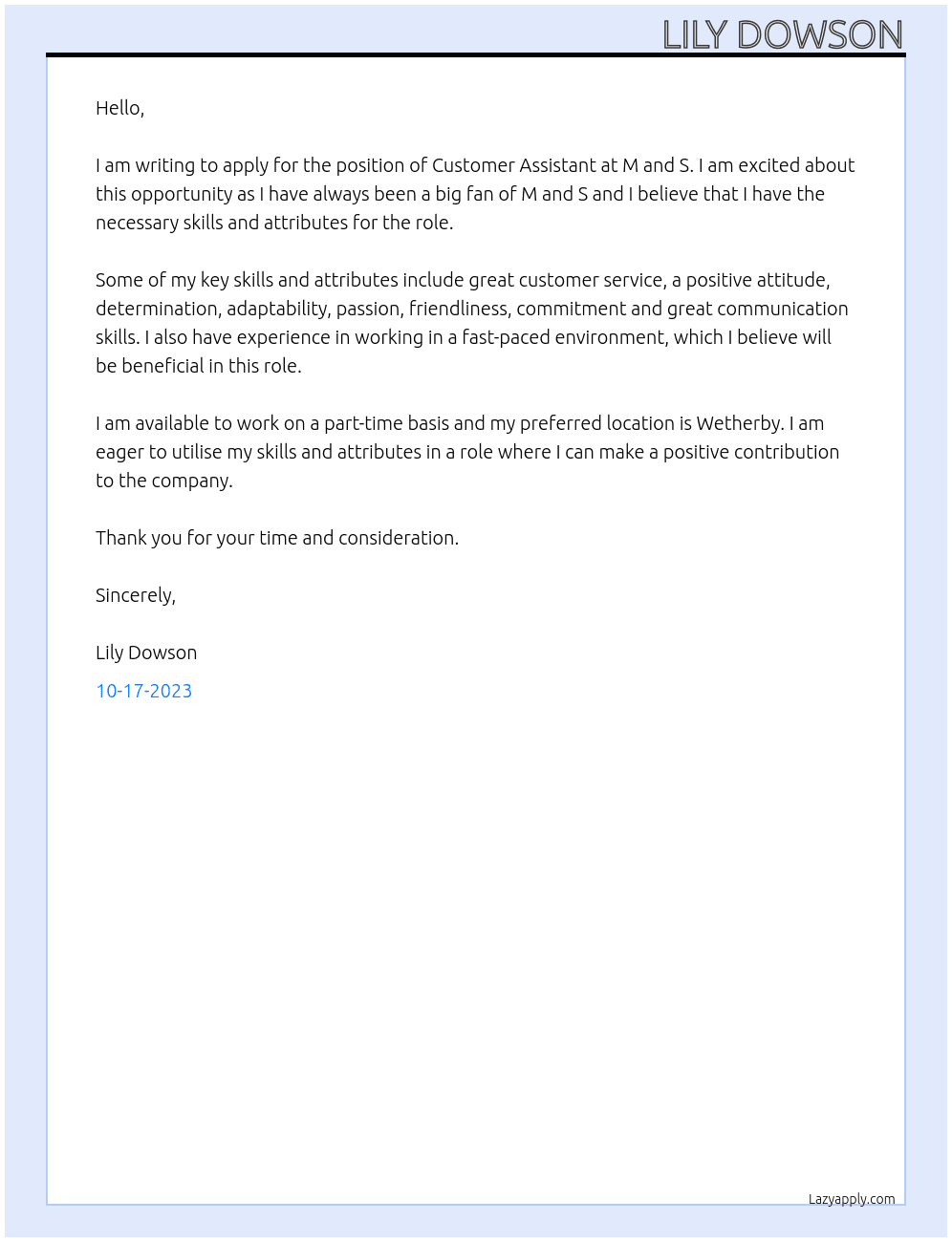 customer assisstant At M and S Cover Letter