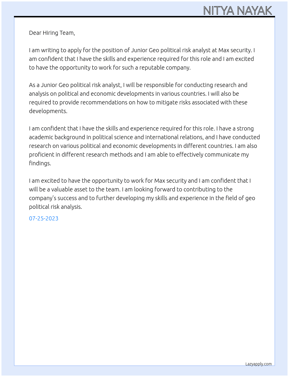 Junior Geo political risk analyst  At Max security  Cover Letter