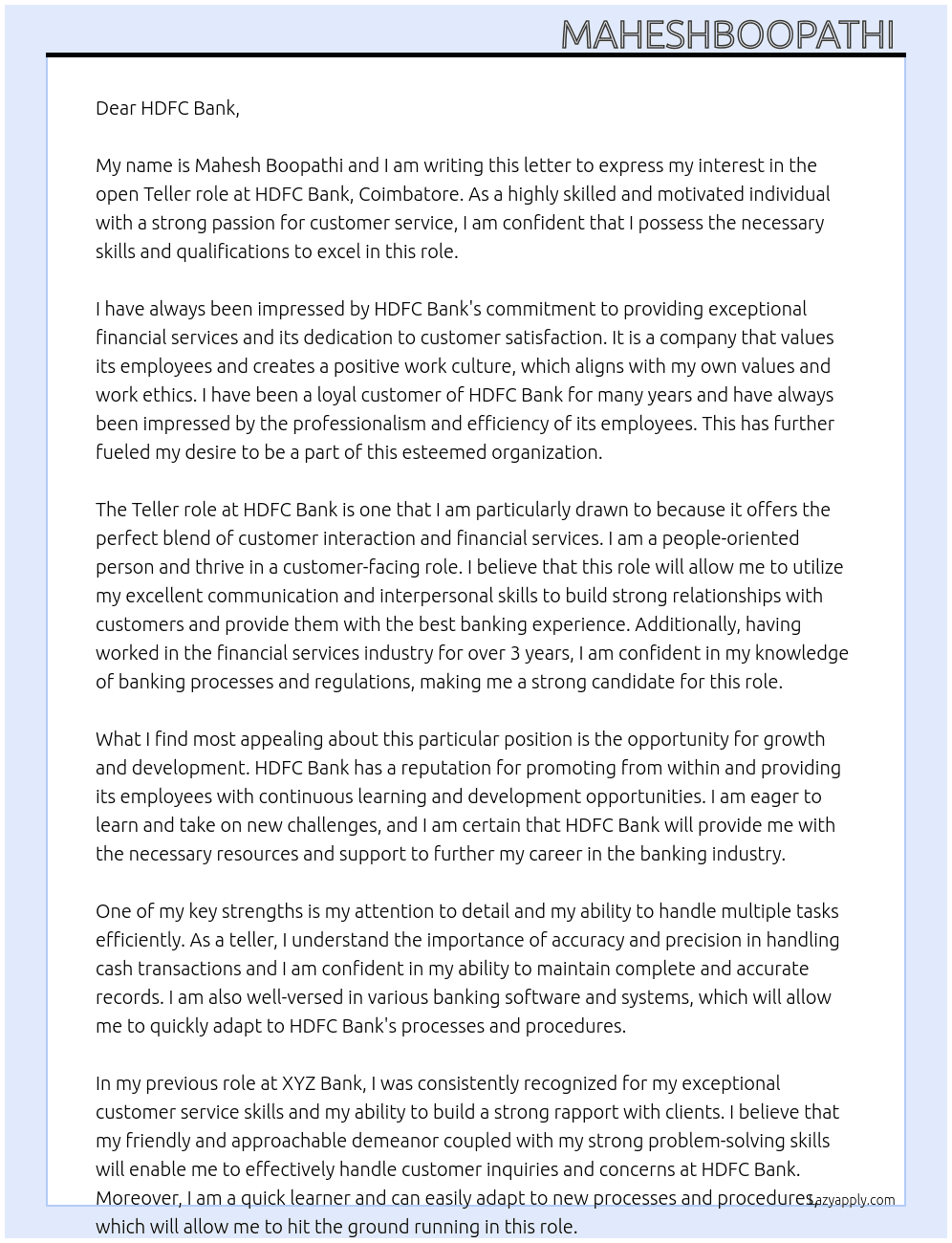 Teller At HDFC Nank Cover Letter