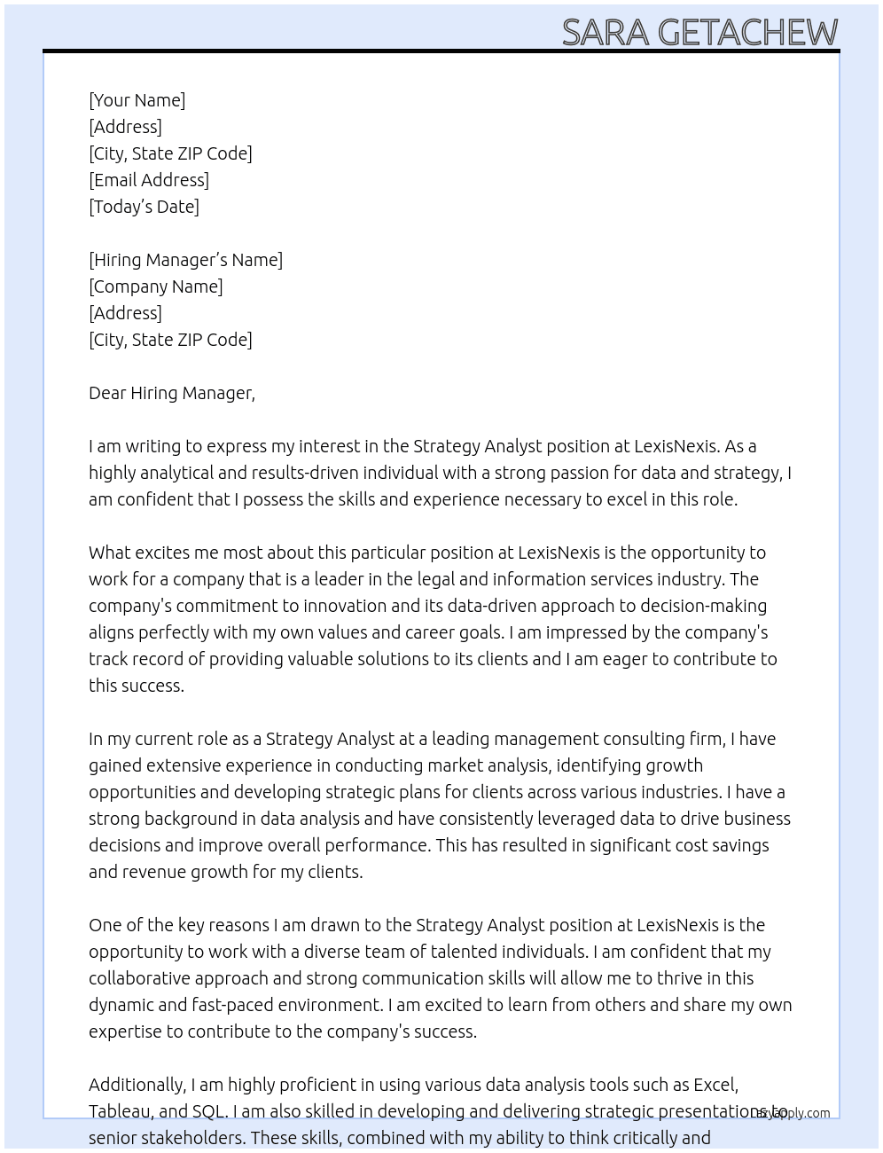 strategy anlayst At LexisNexis Cover Letter