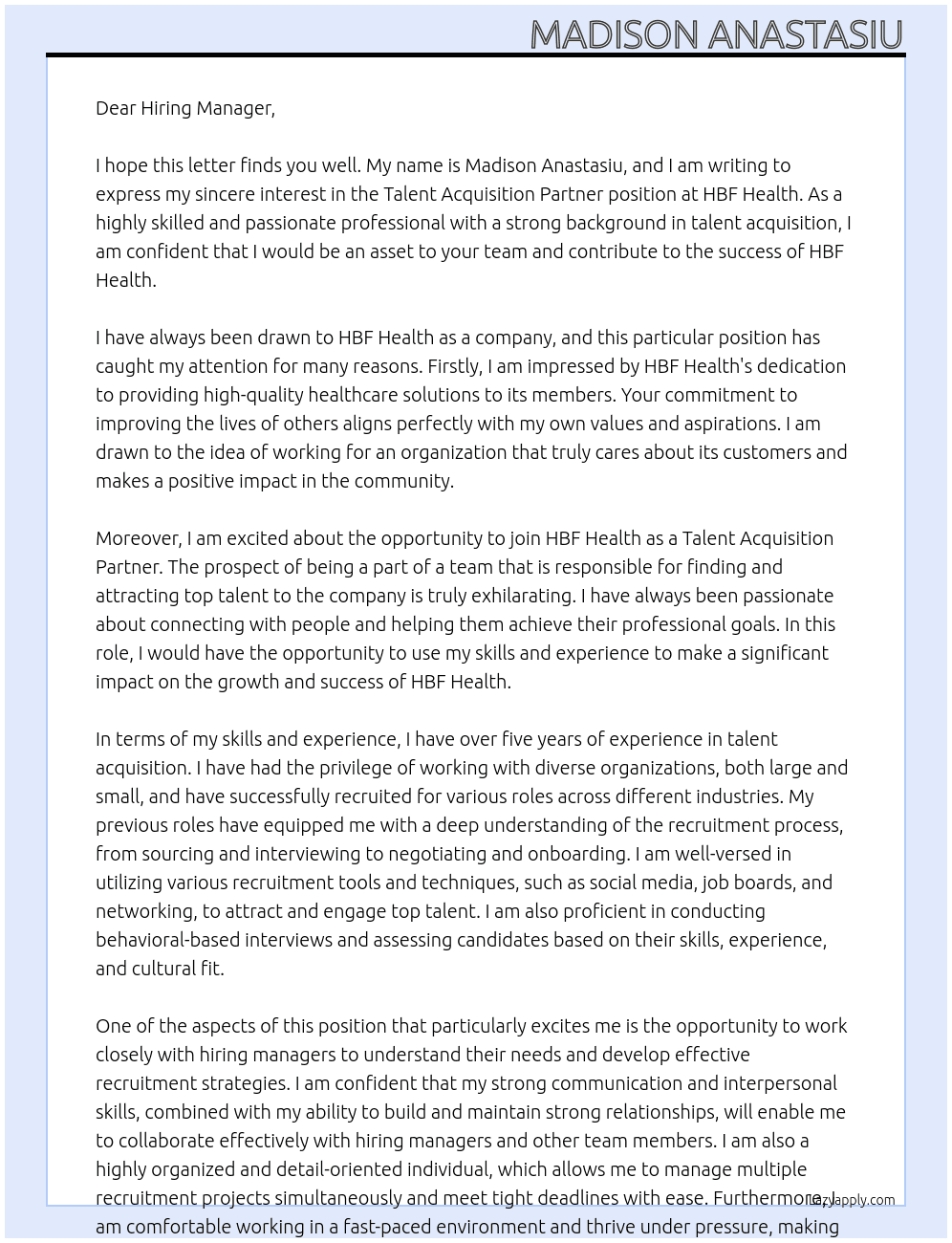 Talent Acquisition Partner At HBF Health Cover Letter