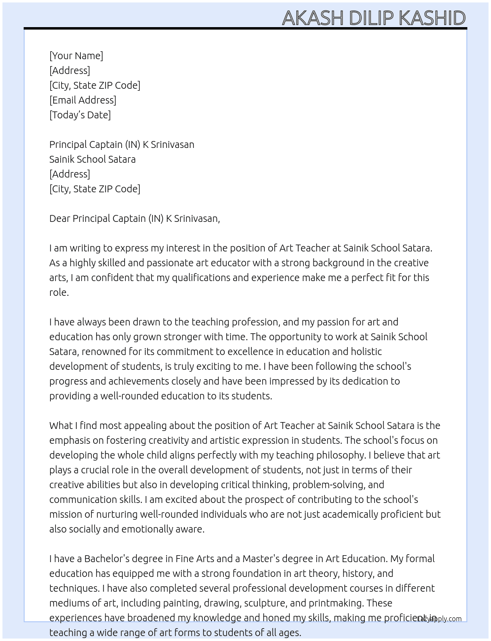Art teacher  At Sainik School Satara Cover Letter