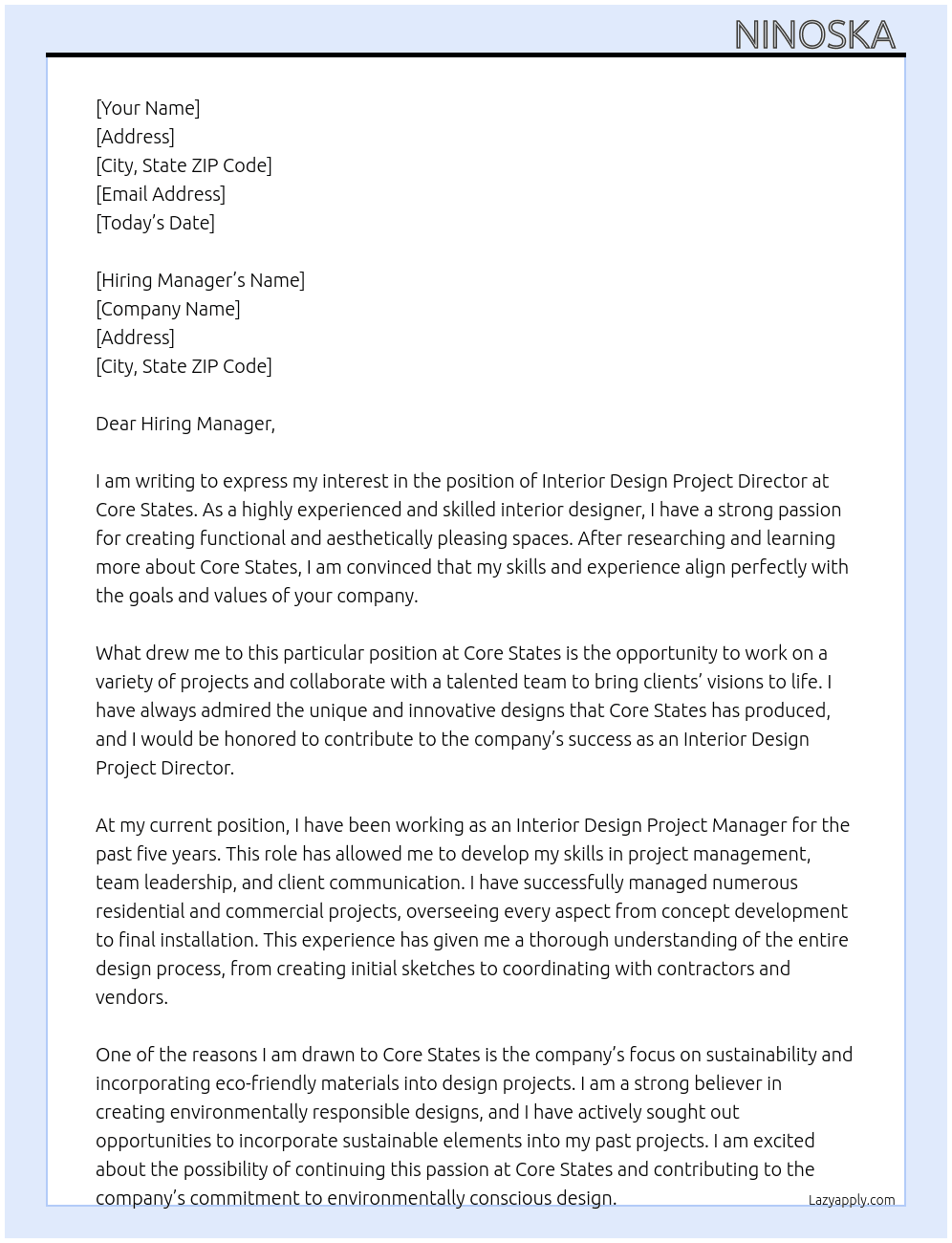 Interior Design Project Director At Core States Cover Letter