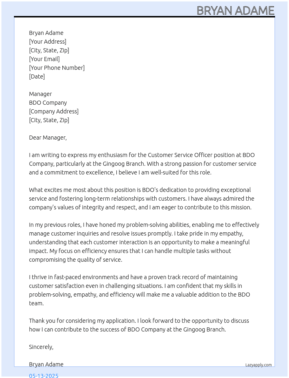 Customer Service Officer At BDO Company Cover Letter