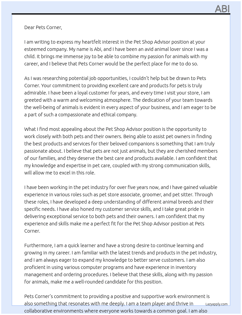 Pet shop advisor  At Pets corner  Cover Letter