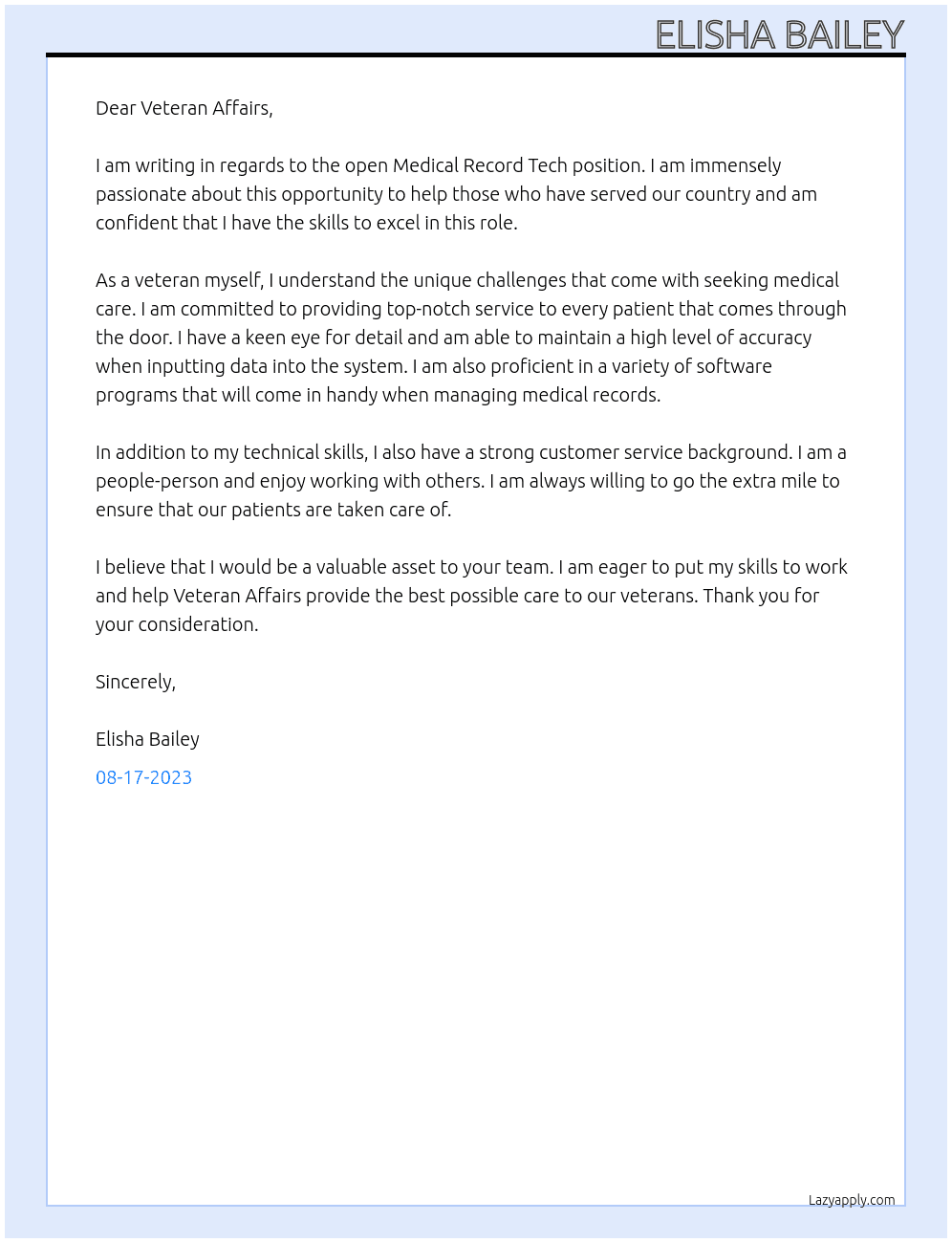 Medical Record Tech At Veteran Affairs Cover Letter