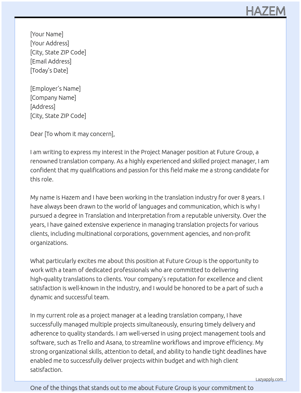 Project manager at a translation company  At Future group  Cover Letter