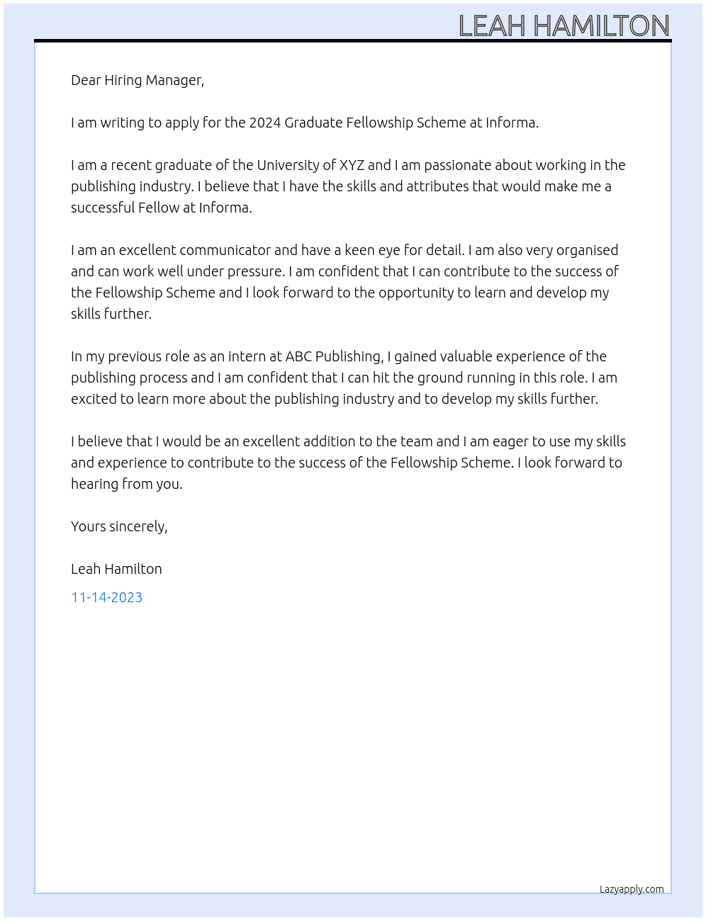 2024 Graduate Fellowship Scheme At Informa Cover Letter