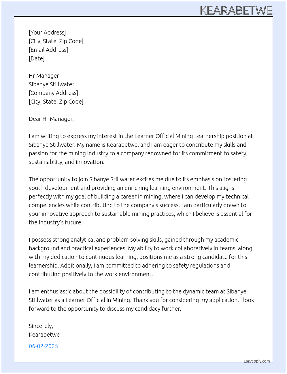Cover letter for learner official mining learnership - LazyApply