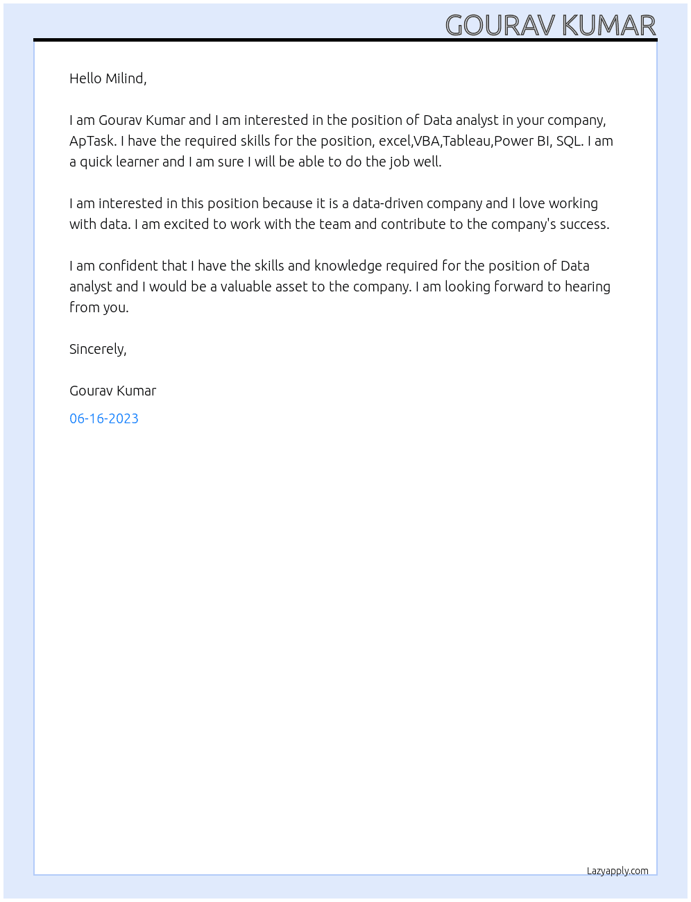 Data analyst At ApTask Cover Letter