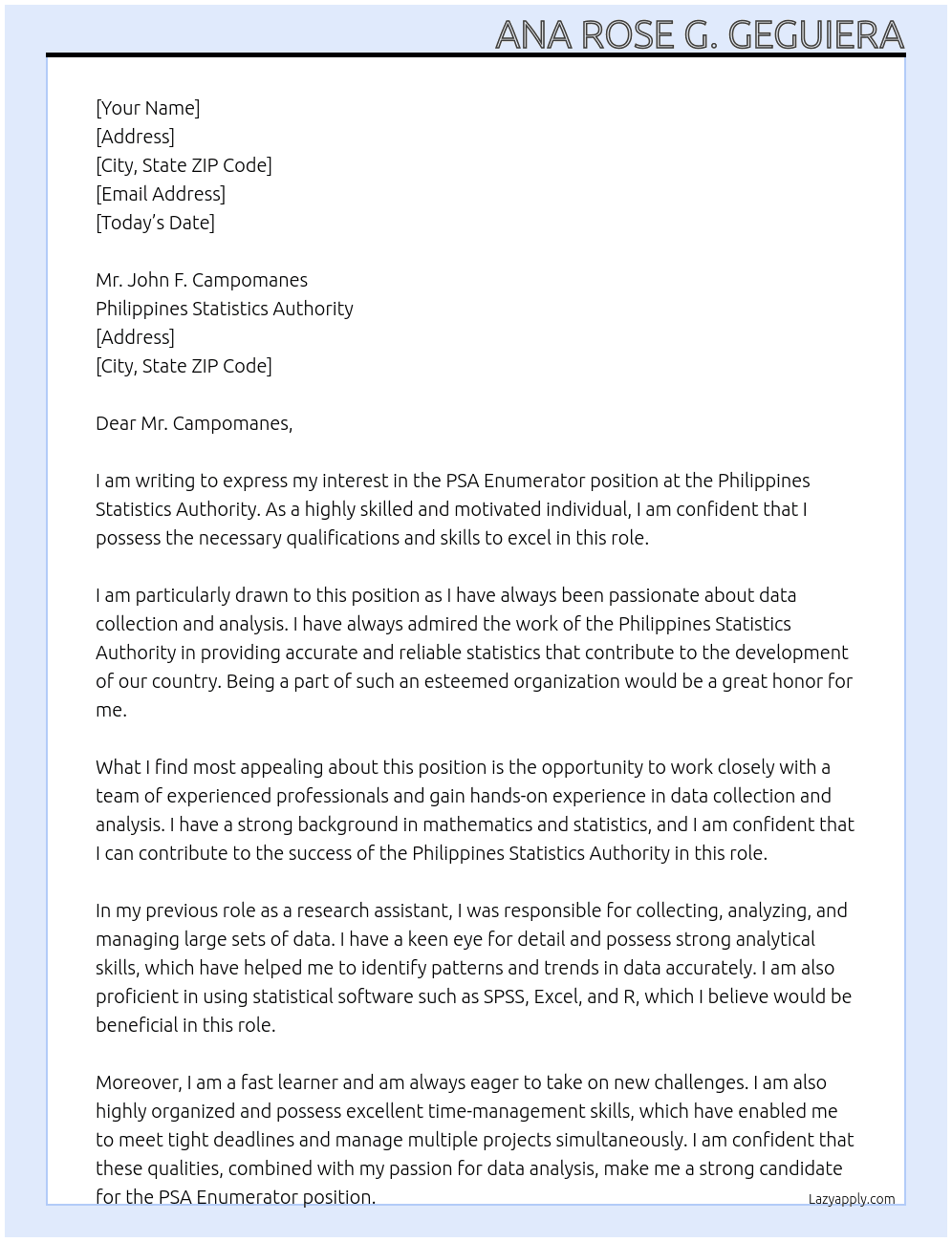 PSA enumerator  At Philippines statistics authority  Cover Letter
