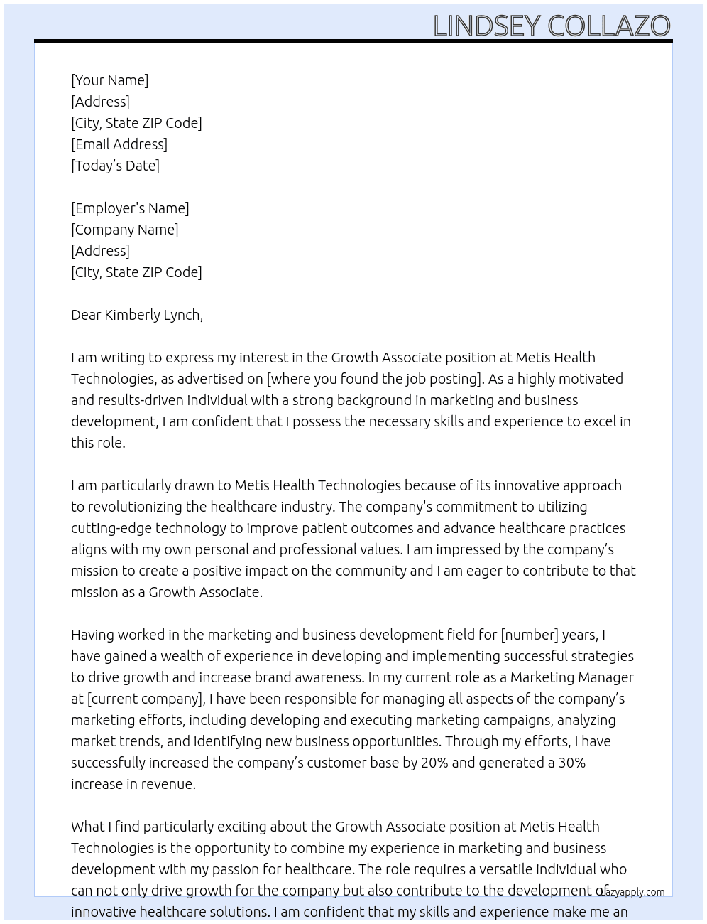 Growth Associate  At Metis Health Technologies Cover Letter