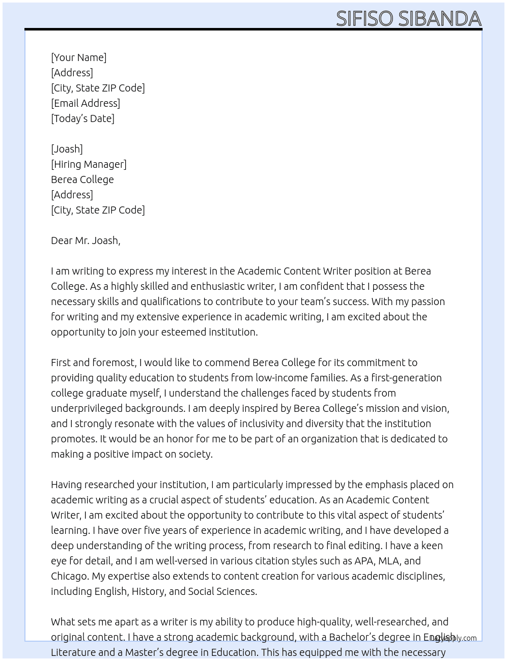 Academic content  writer At Berea college Cover Letter