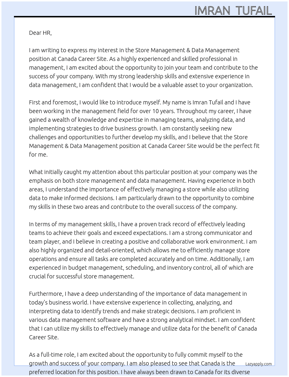 Store Management &Data management  At Canada career site  Cover Letter