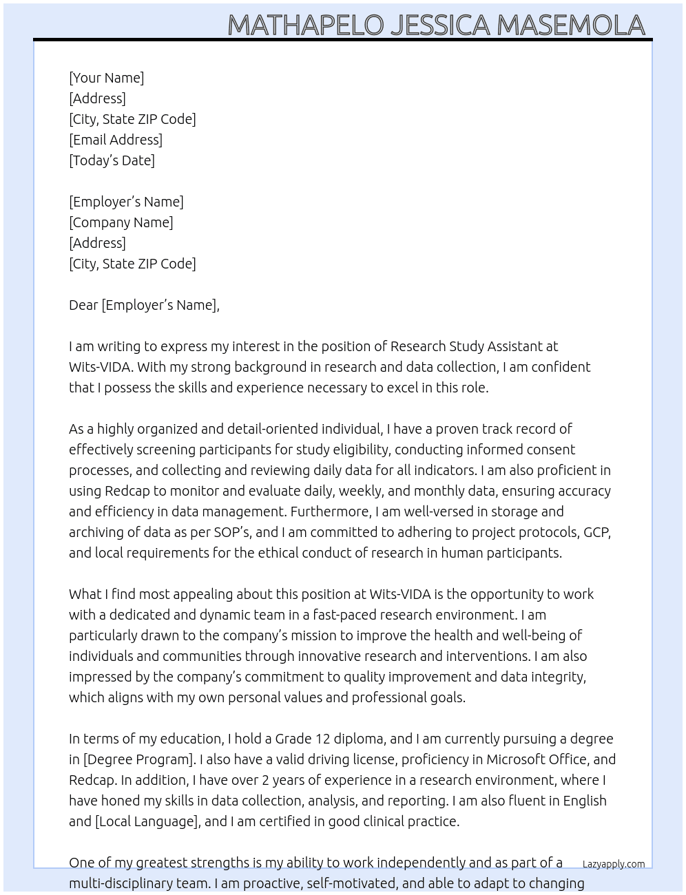 Research study Assistant  At Wits-VIDA Cover Letter