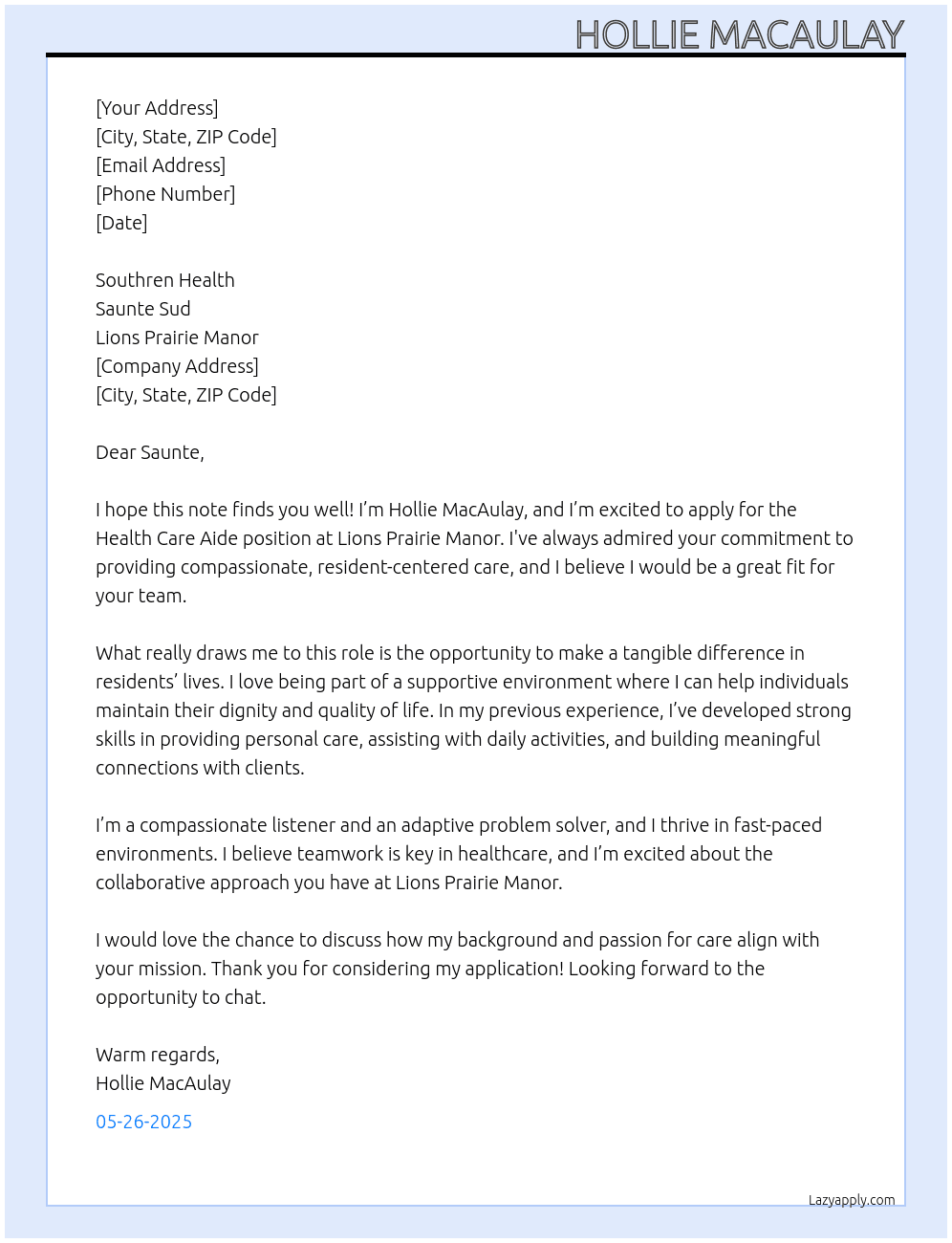 Health Care Aide  At Lions Prairie Manor  Cover Letter