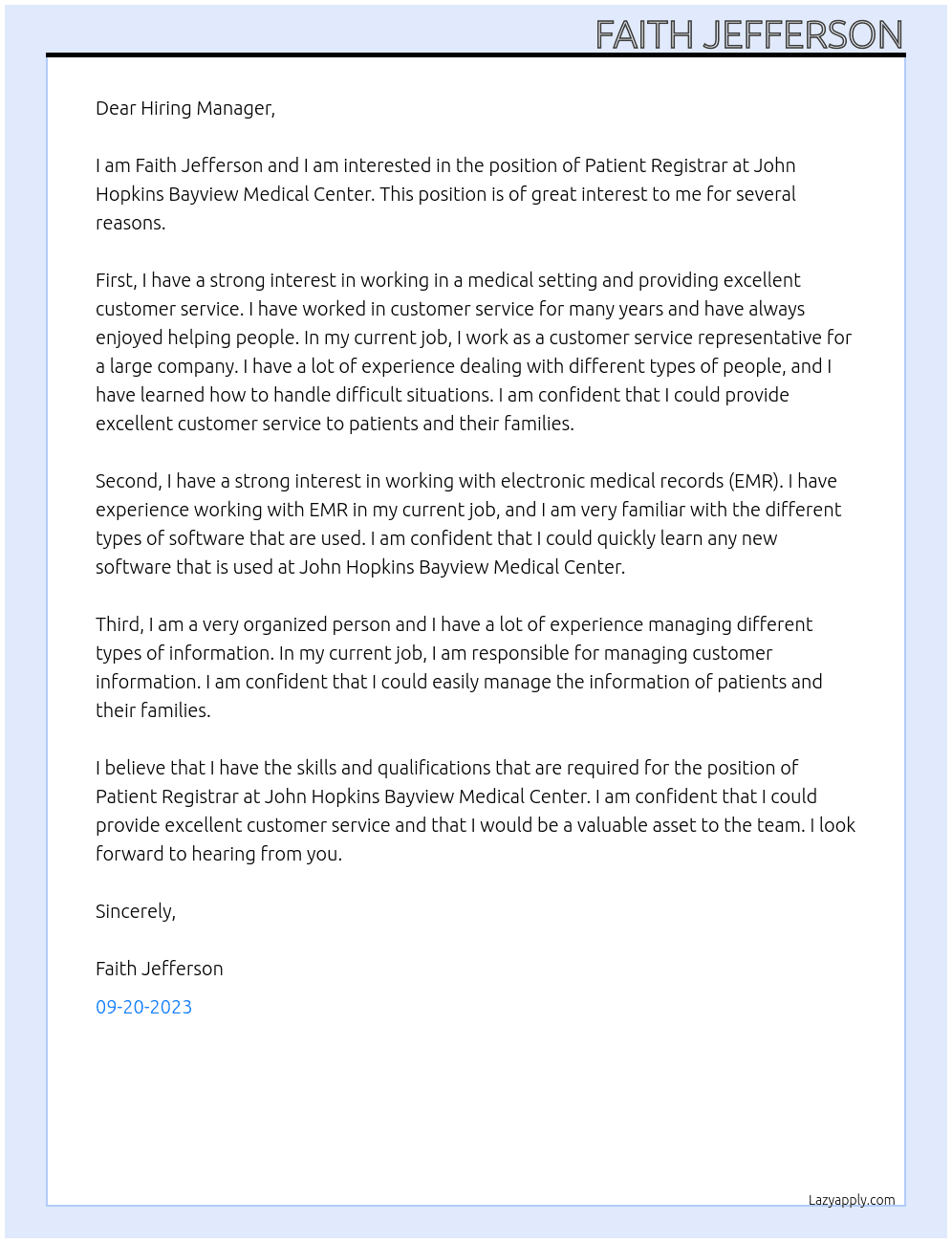 Patient Registrar At John Hopkins Bayview Medical Center Cover Letter