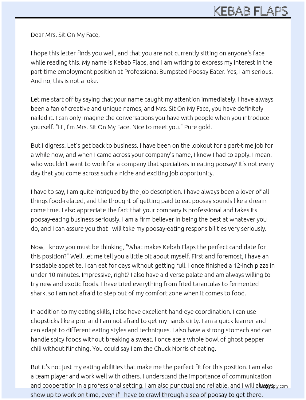 part time employment  At professional bumpsted poosay eater  Cover Letter
