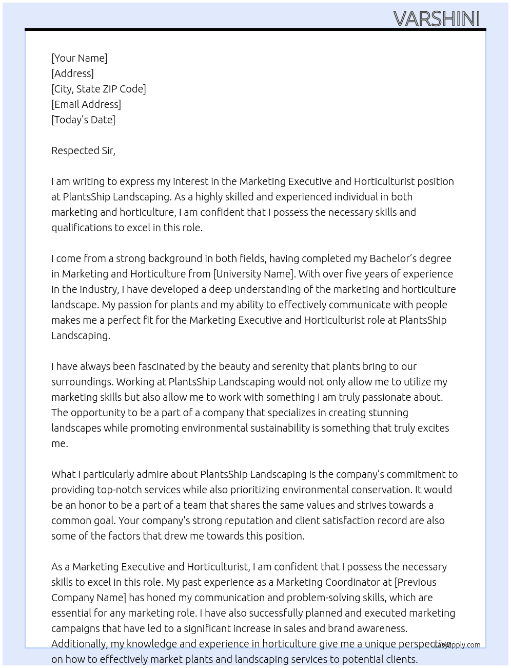 Marketing executive and horticulturist  At PlantsShip landscaping  Cover Letter