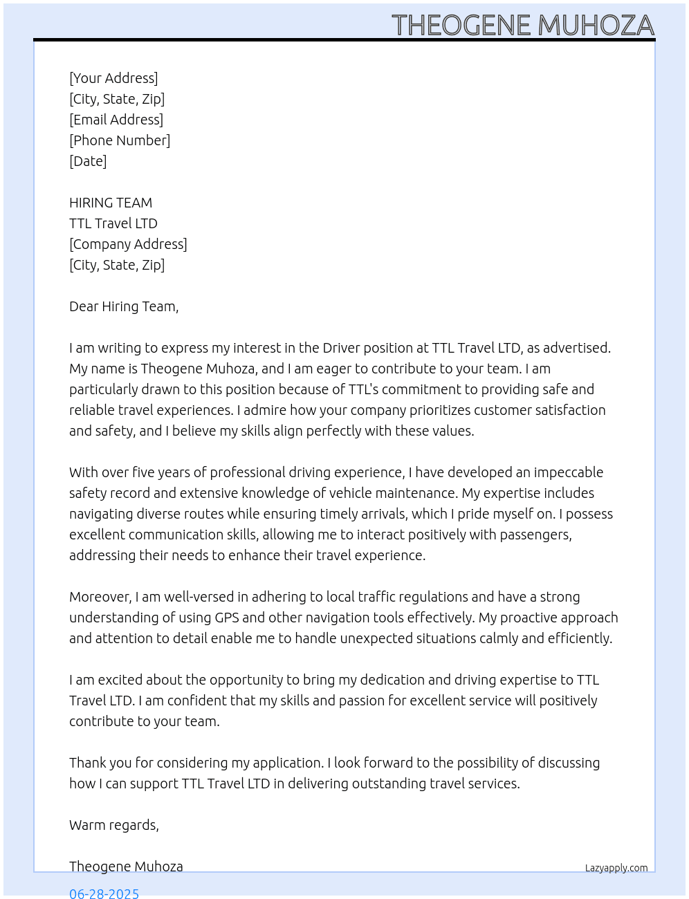 Driver At TTL travel LTD Cover Letter